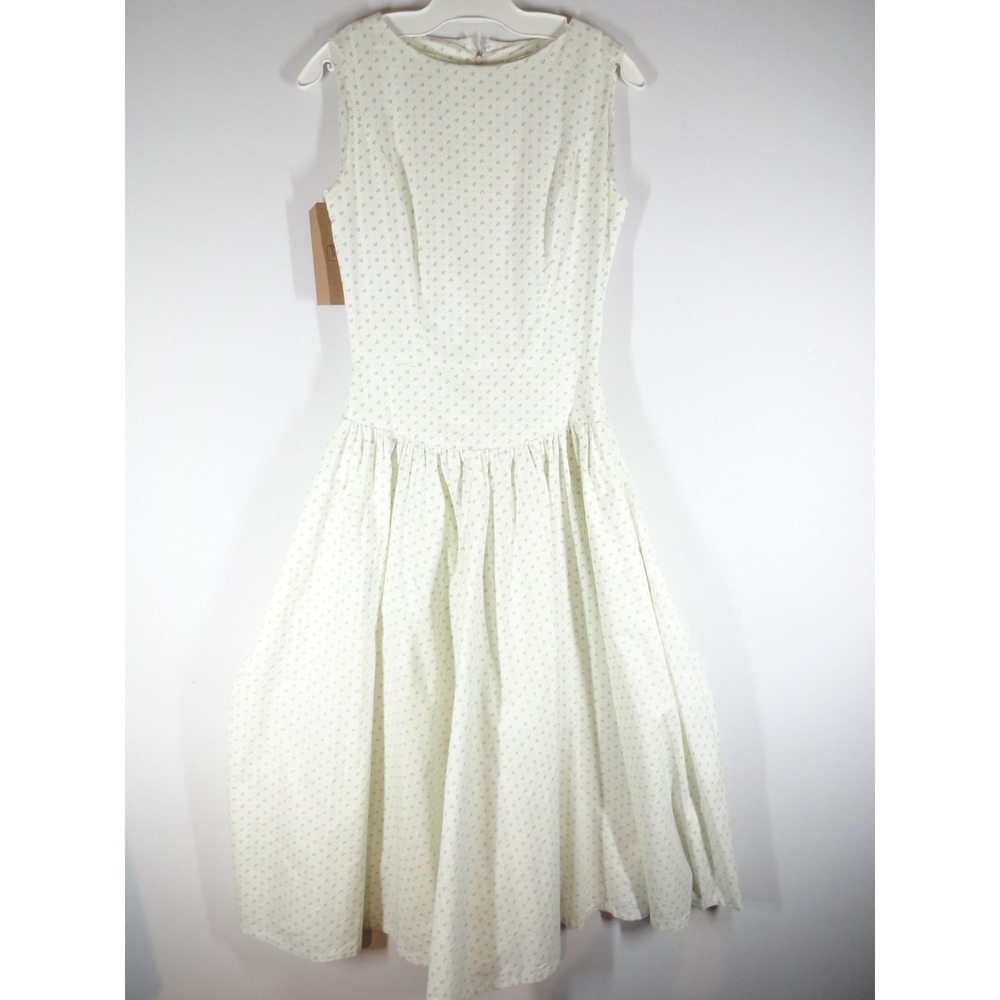Handmade Vintage Floral Midi Dress Womens Small White Blue Ditsy Rockabilly 50s